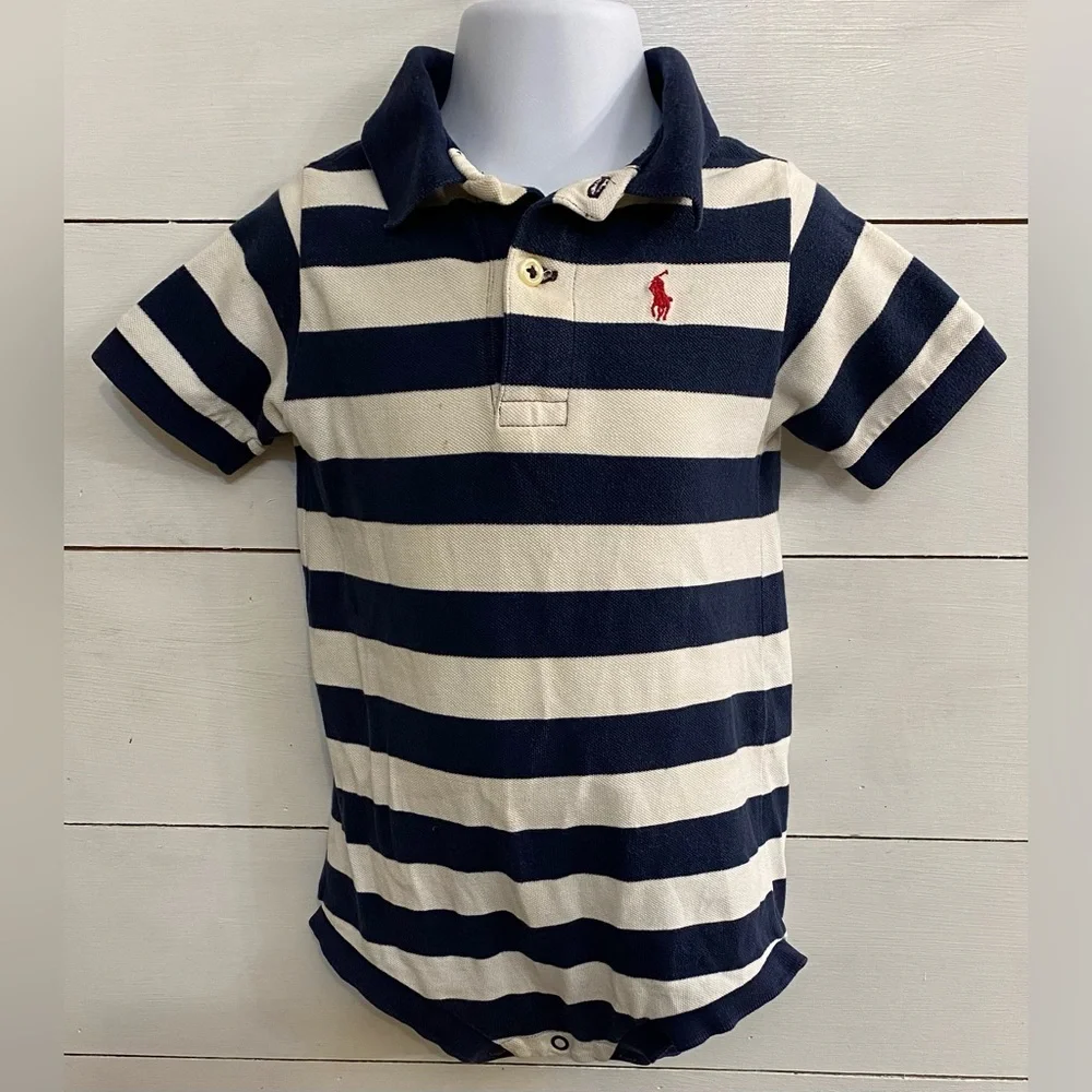 Vintage Ralph Lauren Infant Sz M (6-12m) Navy/White Striped Mesh‎ Polo Bodysuit